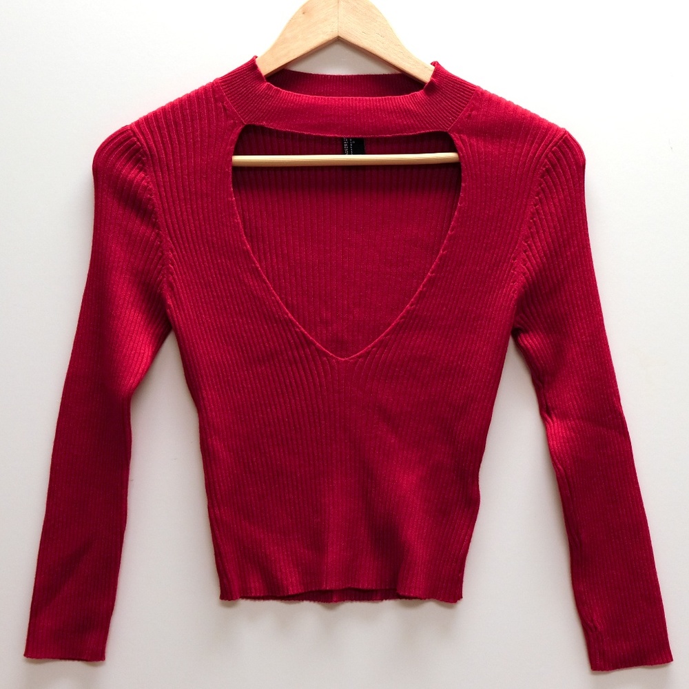 Deep V Neck Red Sweater with Collar, Sz L
